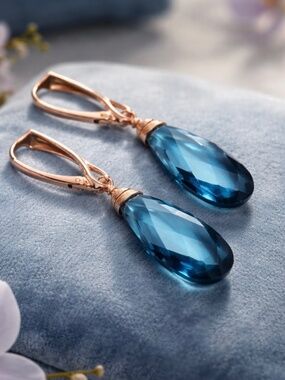 London Blue Topaz Drop Earrings, 14k Rose Gold Filled Wire, December Birthstone